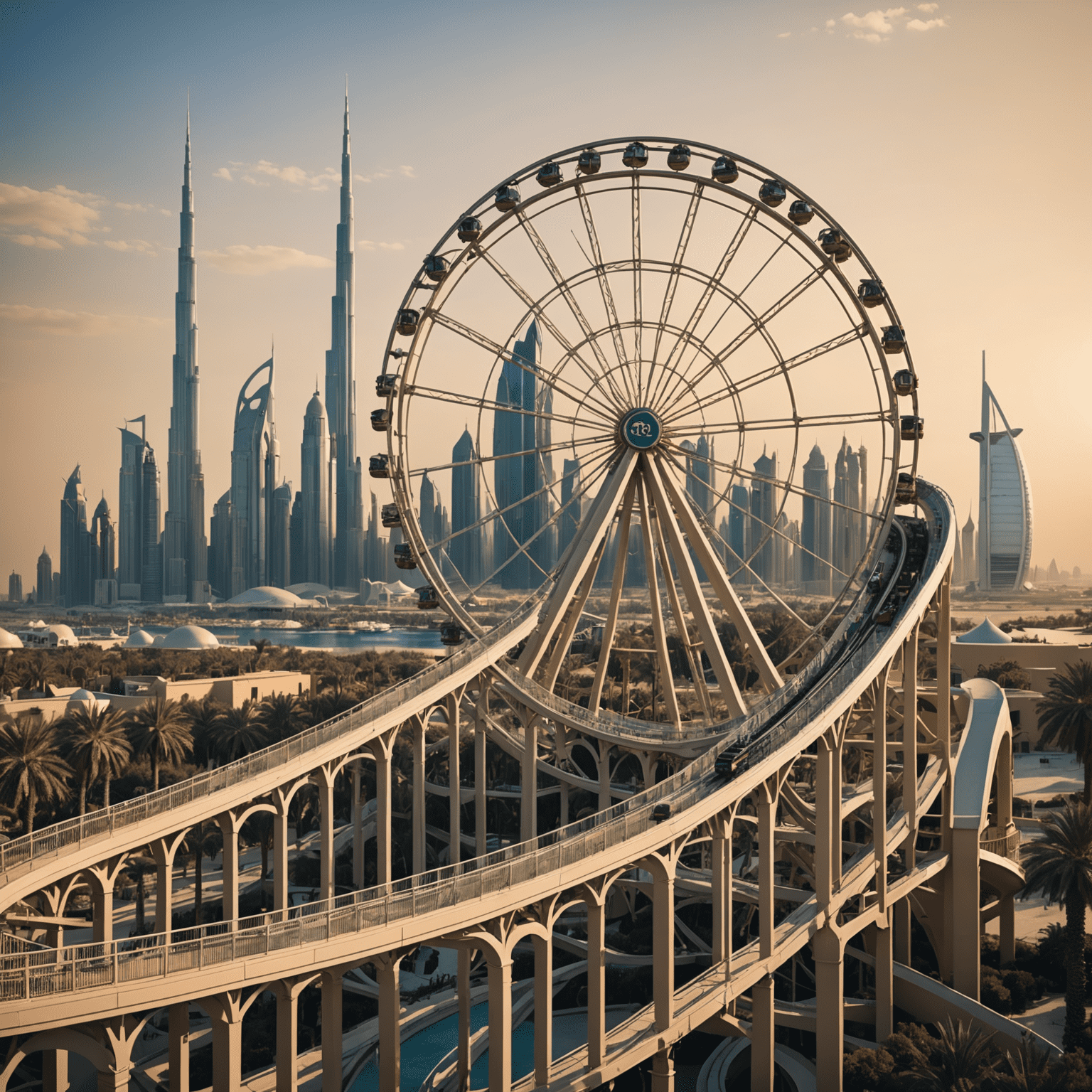 ThemeParksUAE logo featuring a stylized roller coaster and Ferris wheel silhouette against a Dubai skyline