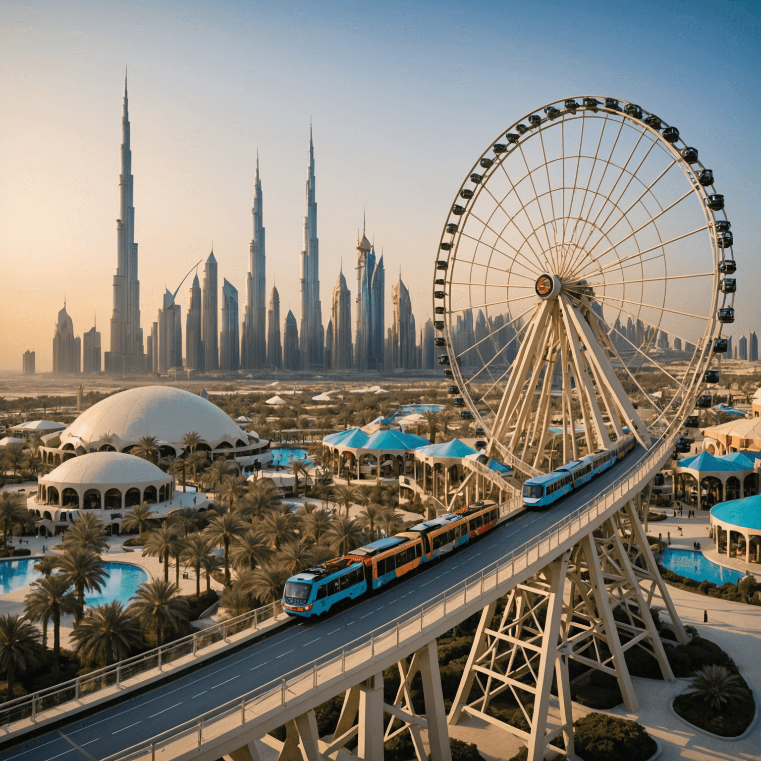 ThemeParksUAE logo featuring a stylized roller coaster and Ferris wheel silhouette against a Dubai skyline