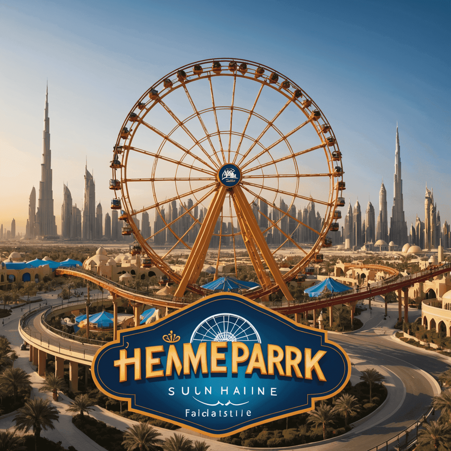 ThemeParksUAE logo featuring a stylized roller coaster and Ferris wheel silhouette against a Dubai skyline