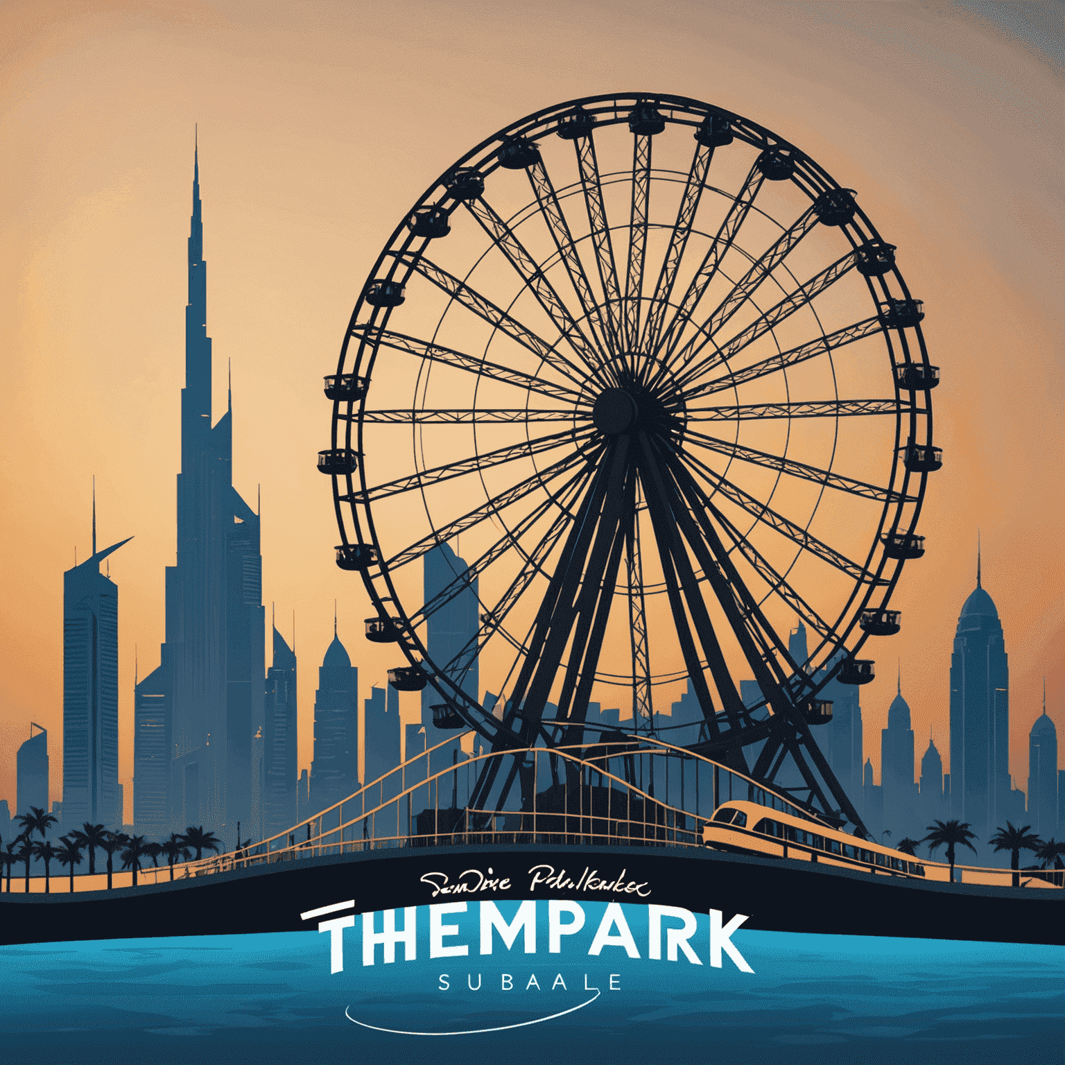 ThemeParksUAE logo featuring a stylized roller coaster and Ferris wheel silhouette against a Dubai skyline