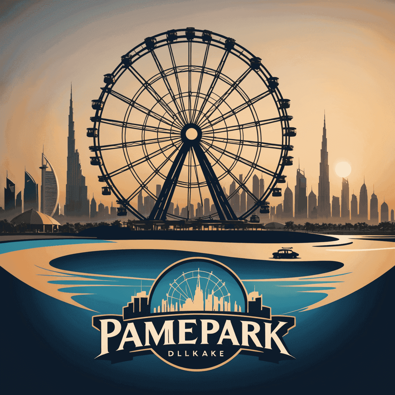 ThemeParksUAE logo featuring a stylized roller coaster and Ferris wheel silhouette against a Dubai skyline