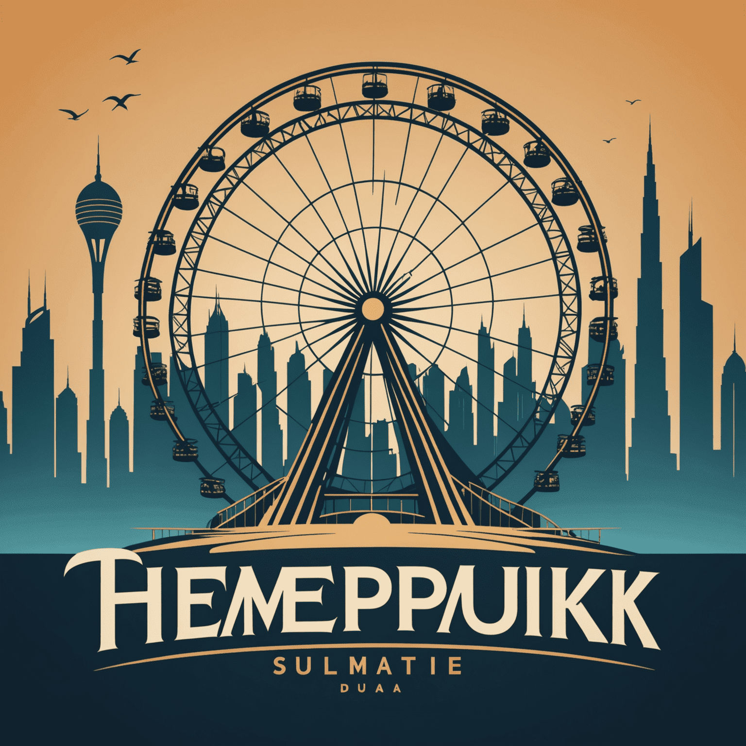 ThemeParksUAE logo featuring a stylized roller coaster and Ferris wheel silhouette against a Dubai skyline