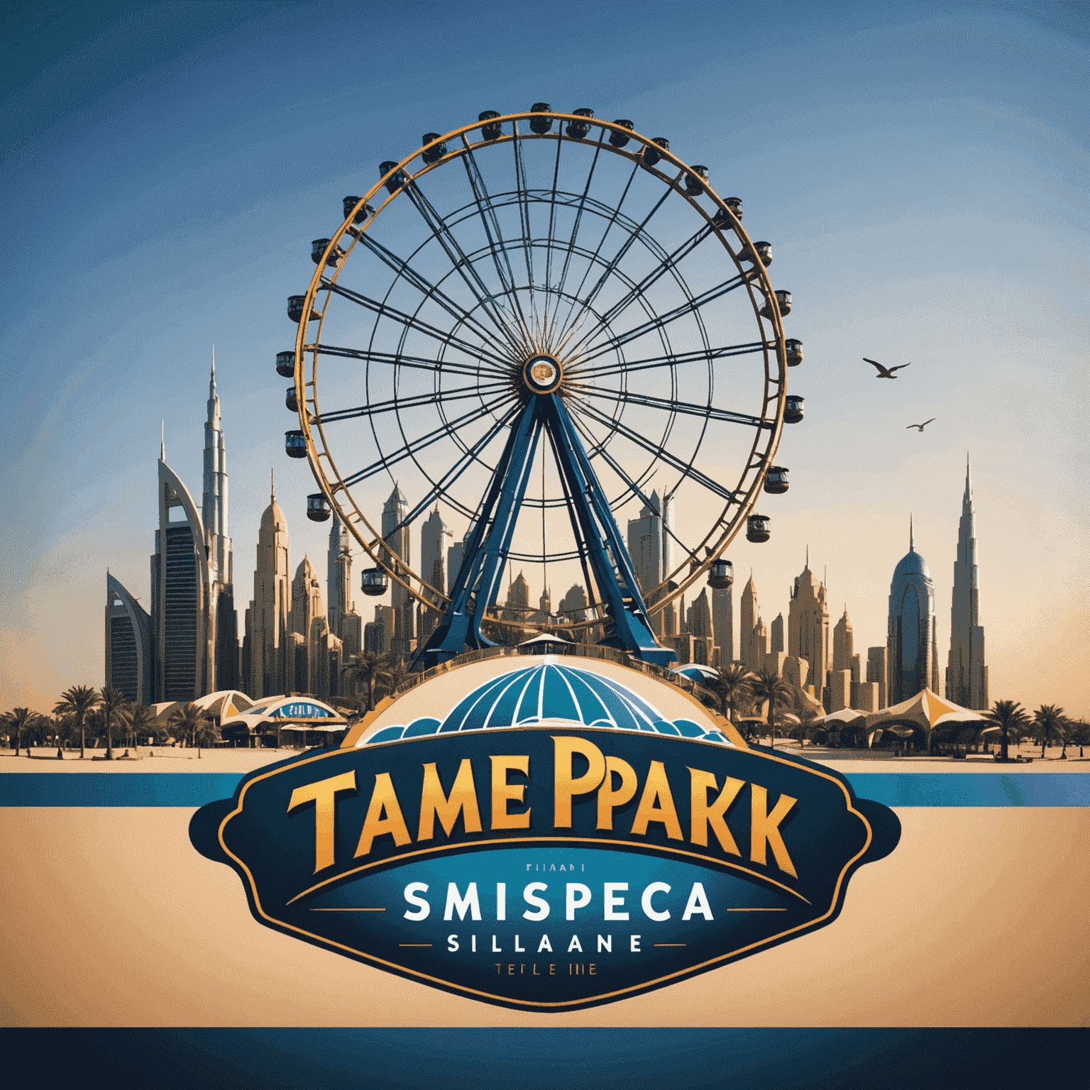 ThemeParksUAE logo featuring a stylized roller coaster and Ferris wheel silhouette against a Dubai skyline