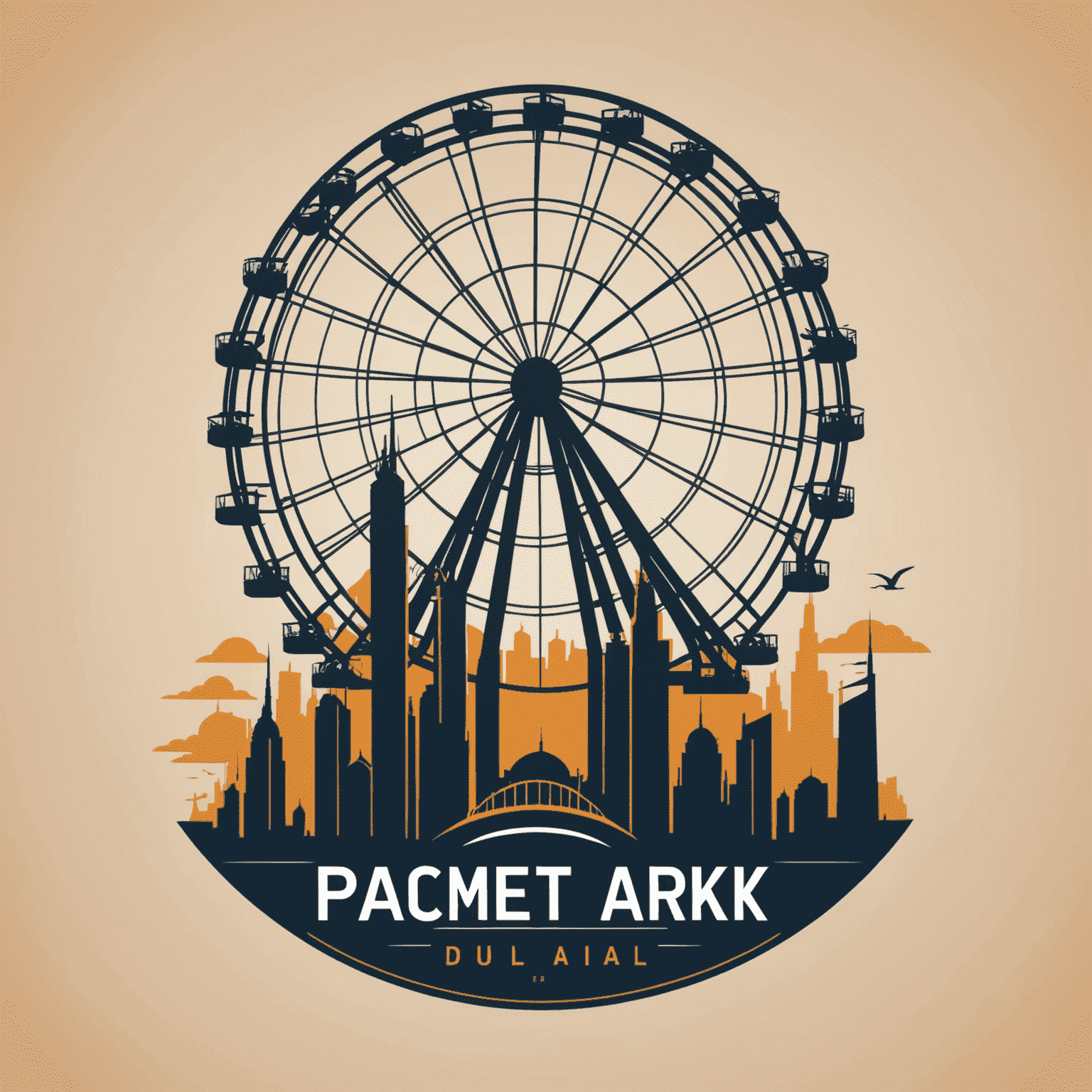 ThemeParksUAE logo featuring a stylized roller coaster and Ferris wheel silhouette against a Dubai skyline