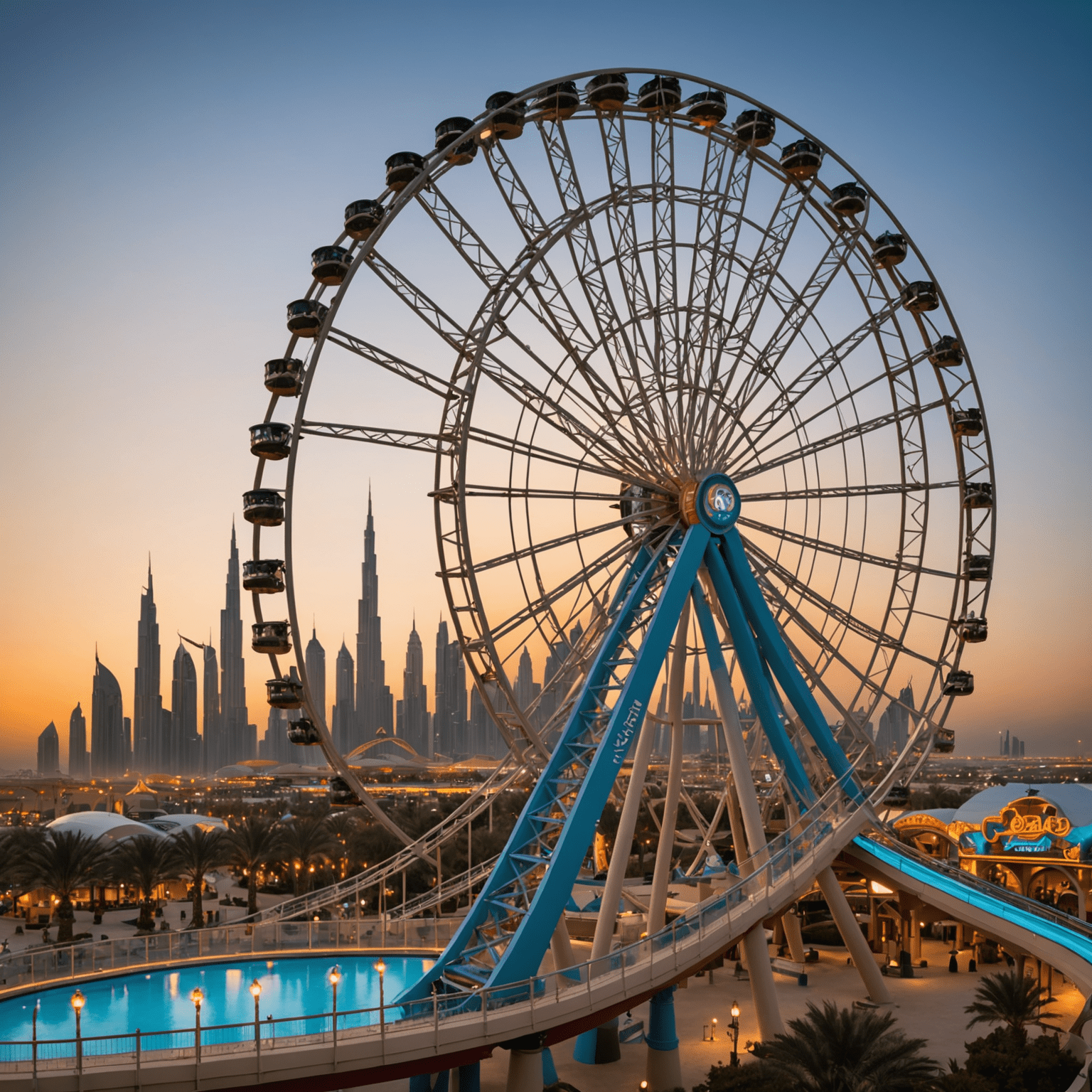 ThemeParksUAE logo featuring a stylized roller coaster and Ferris wheel silhouette against a Dubai skyline