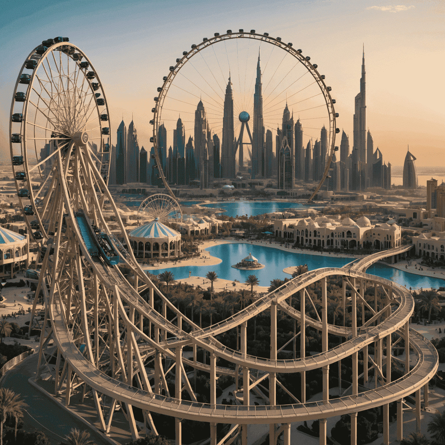 ThemeParksUAE logo featuring a stylized roller coaster and Ferris wheel silhouette against a Dubai skyline