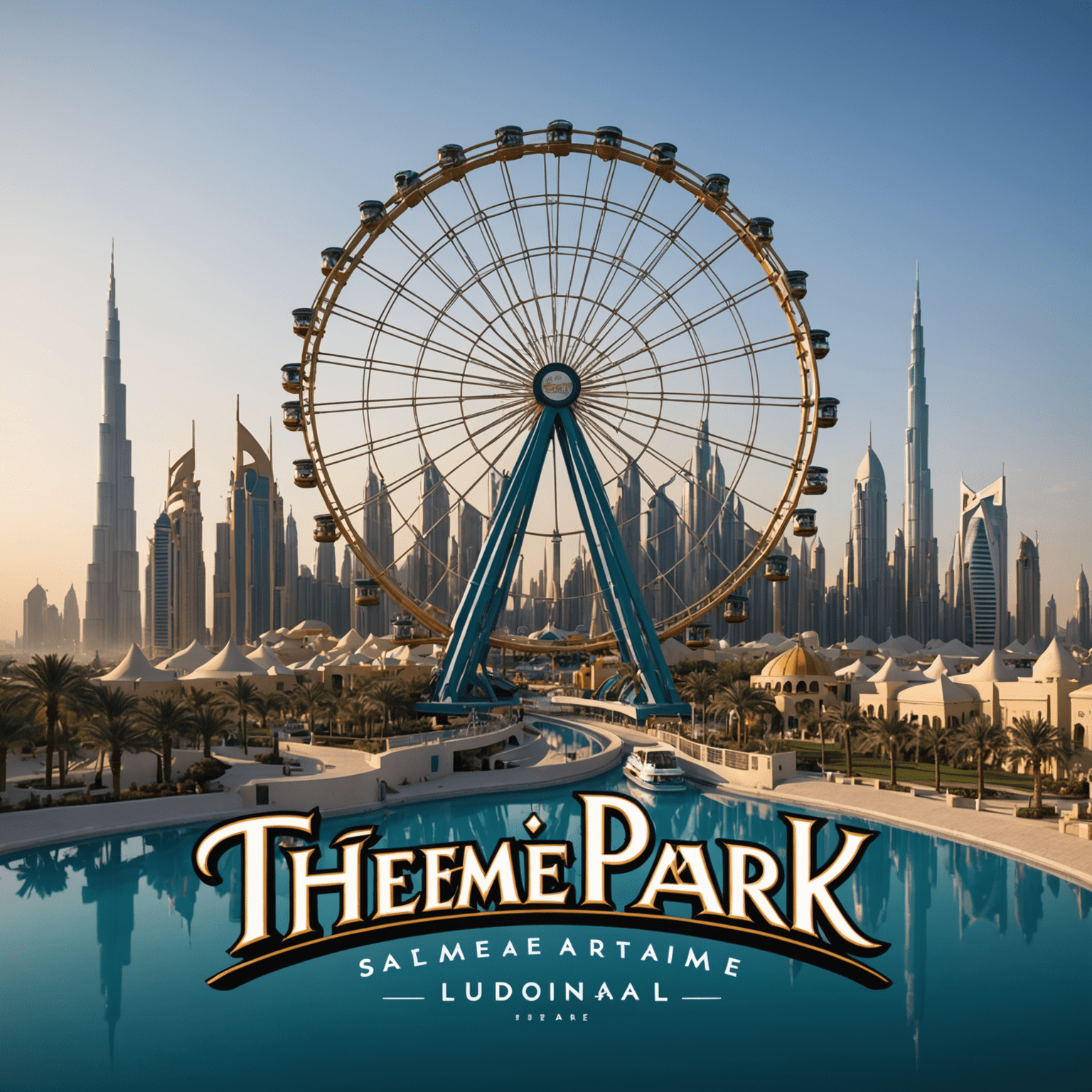 ThemeParksUAE logo featuring a stylized roller coaster and Ferris wheel silhouette against a Dubai skyline