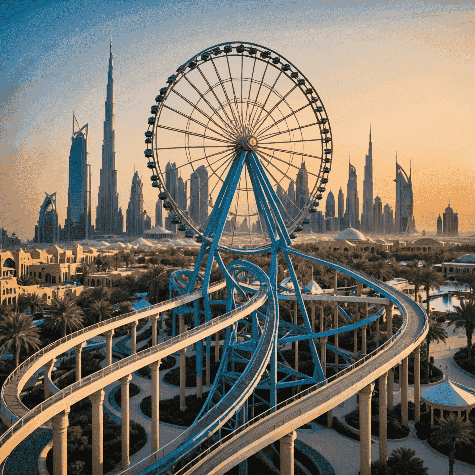 ThemeParksUAE logo featuring a stylized roller coaster and Ferris wheel silhouette against a Dubai skyline