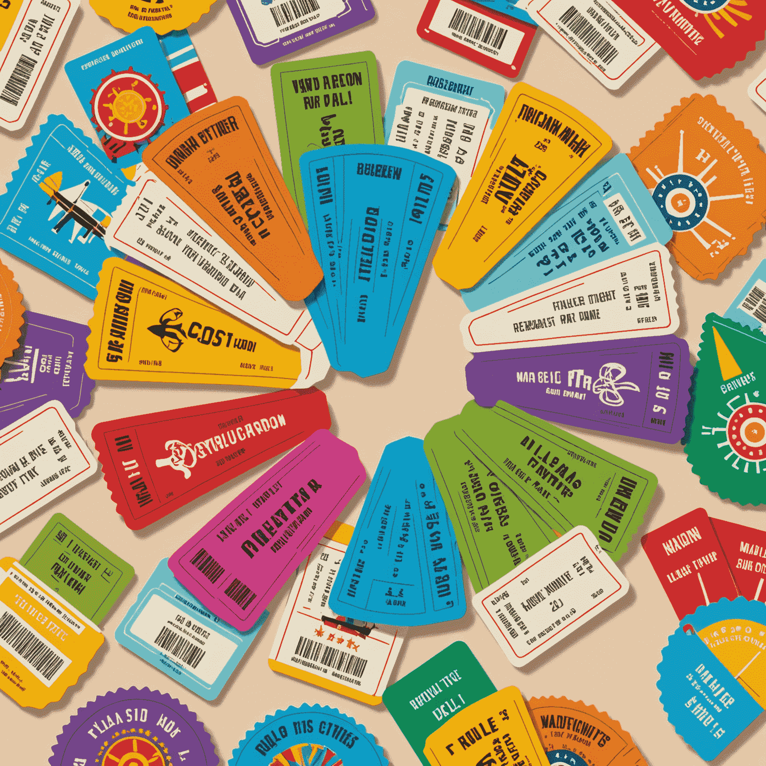 Various colorful theme park tickets arranged in a fan shape, with roller coasters and Ferris wheel silhouettes in the background