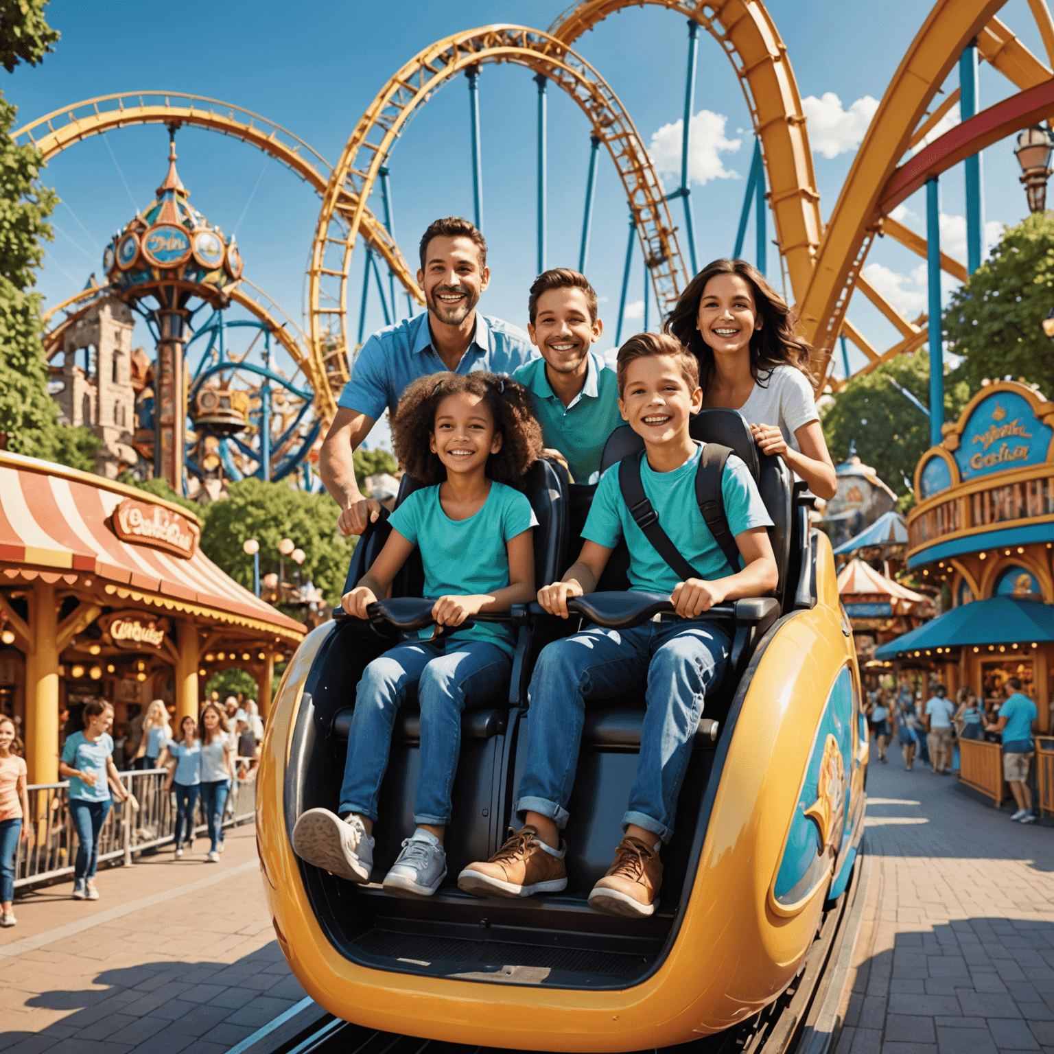 A family of four enjoying rides at various theme parks, showcasing the diversity of attractions included in the package