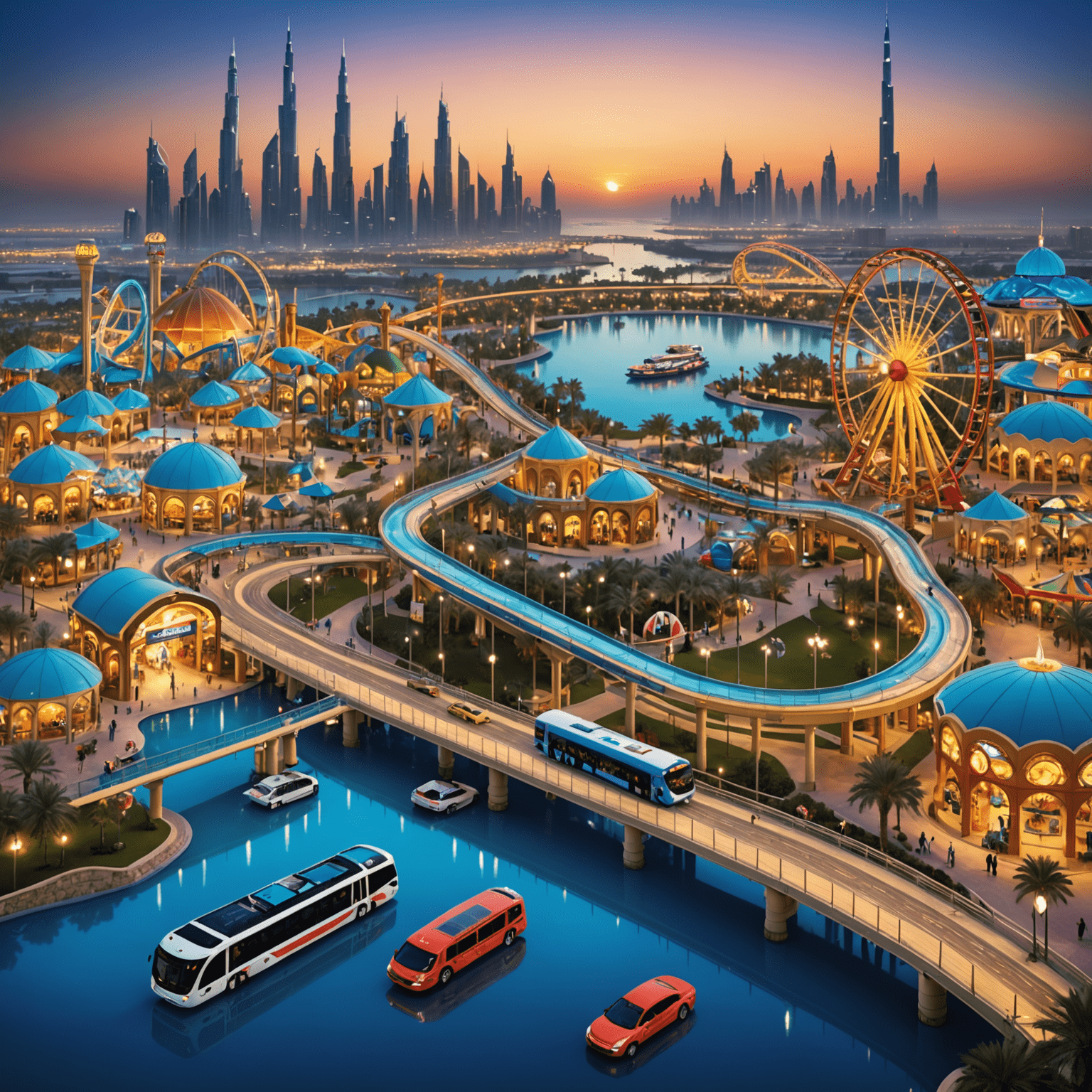 Colorful illustration showing various transportation options to UAE theme parks, including buses, cars, and metro. The image features iconic park attractions in the background, such as roller coasters and water slides, set against a twilight Dubai skyline.