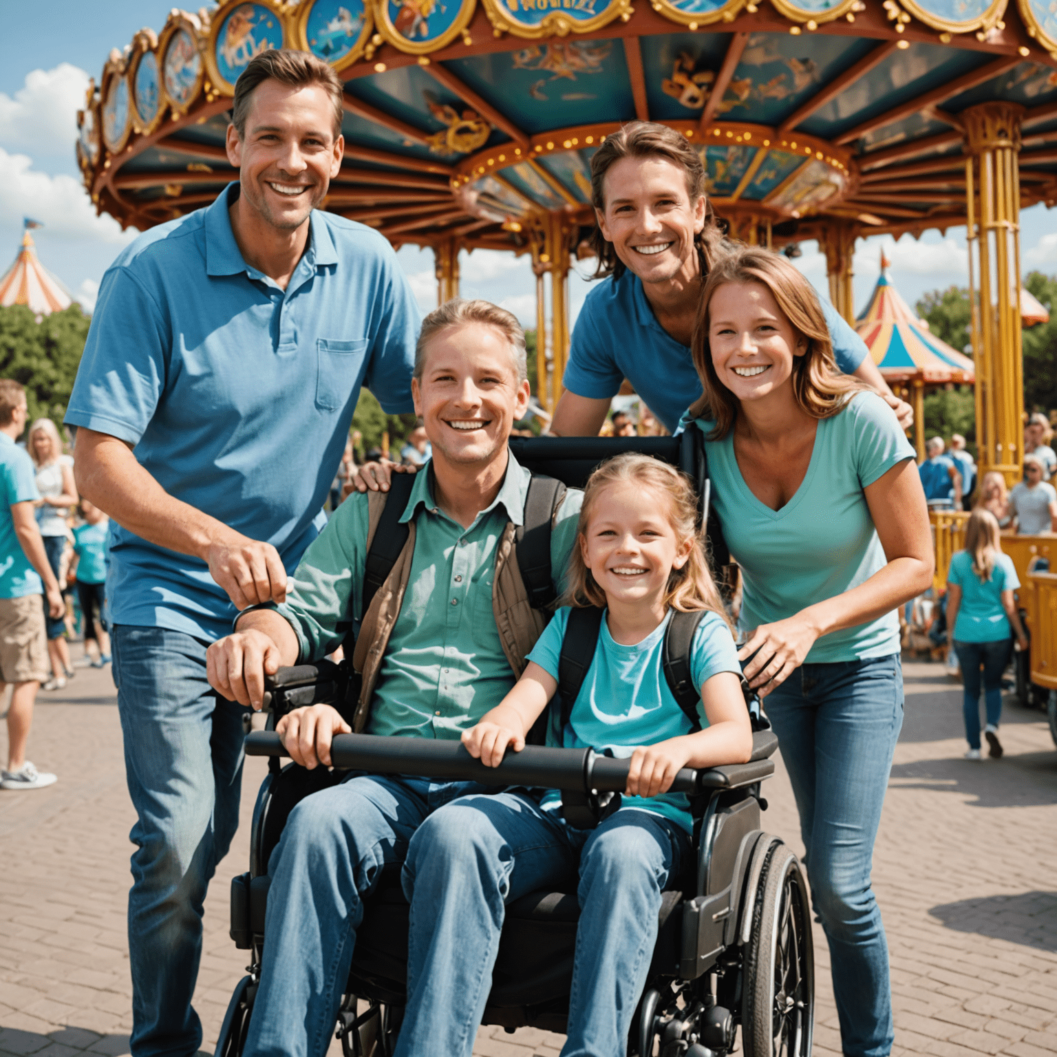 A smiling family with a wheelchair user enjoying a theme park ride, showcasing the park's accessibility features