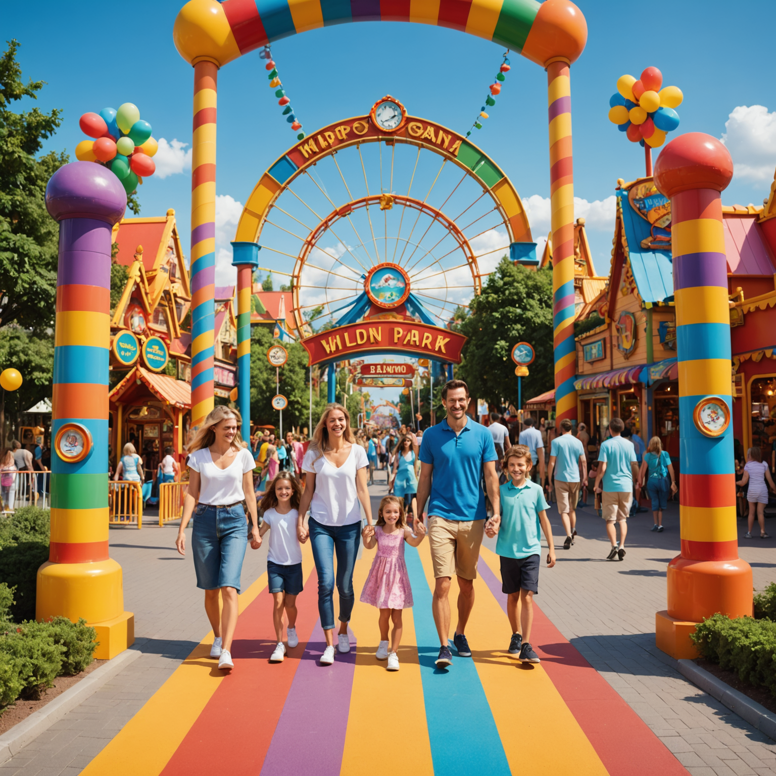 A group of happy families bypassing long queues and entering a colorful theme park entrance with a VIP fast-track lane