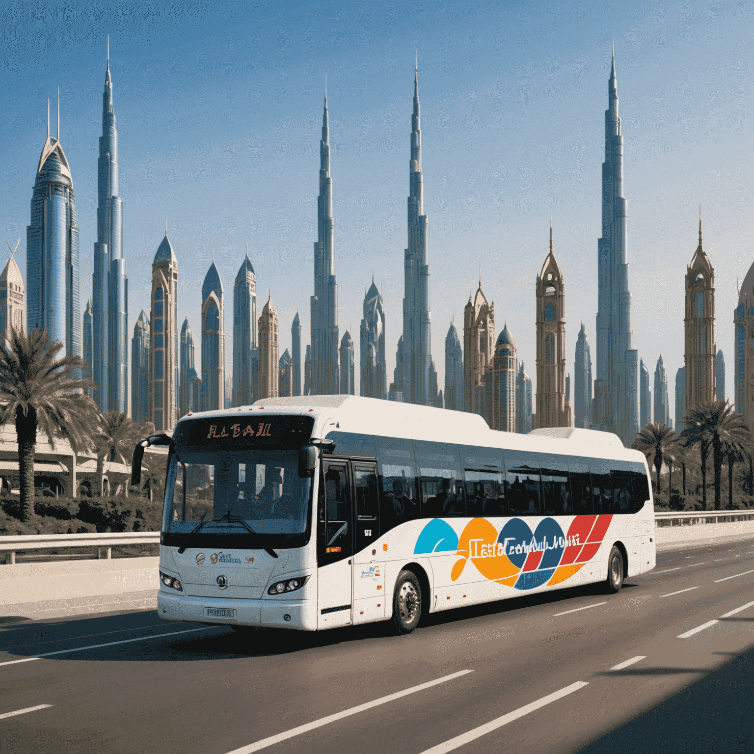 Modern shuttle bus with theme park logos, driving on a road with Dubai skyline in the background