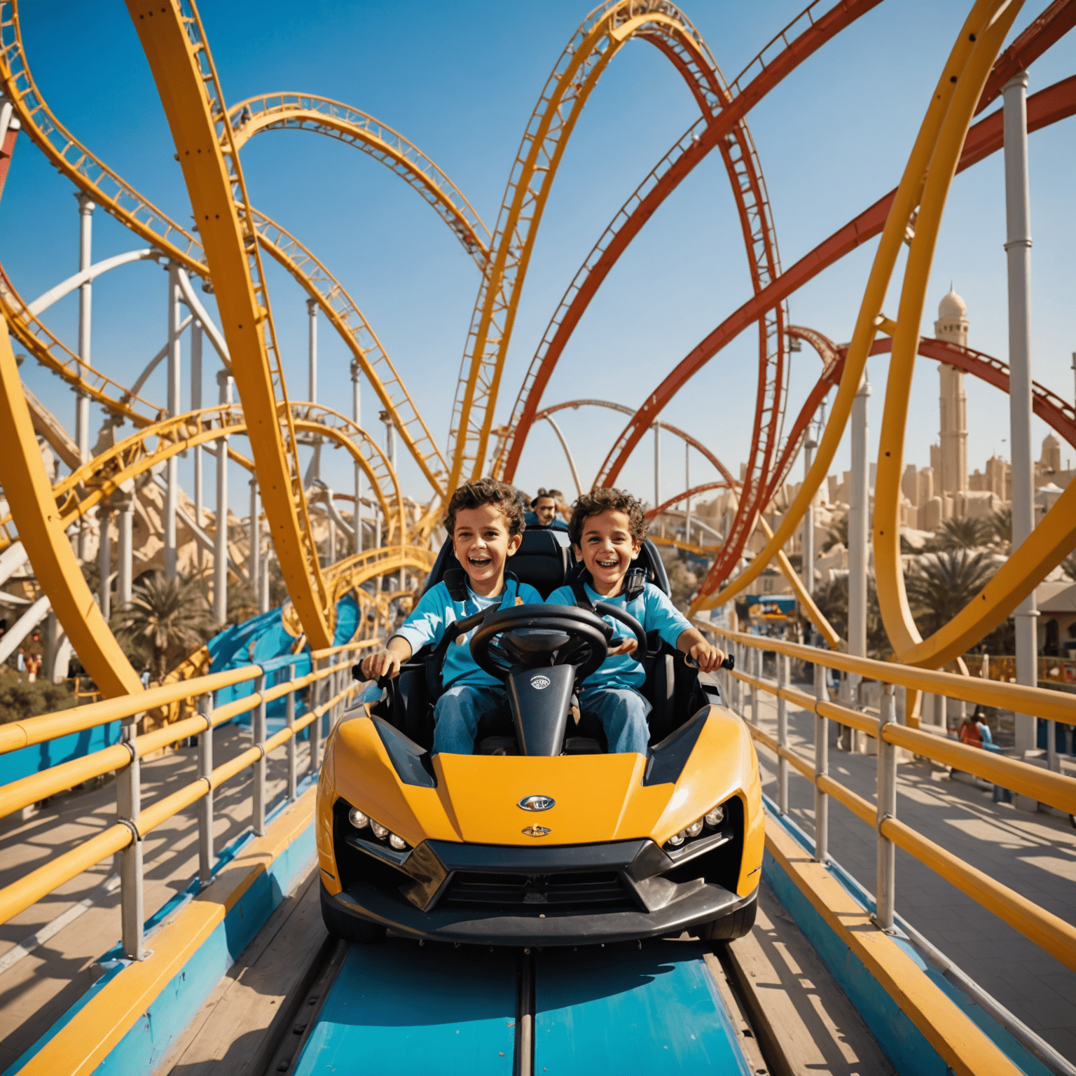 Excited thrill-seekers experiencing high-speed rides and roller coasters at various UAE theme parks