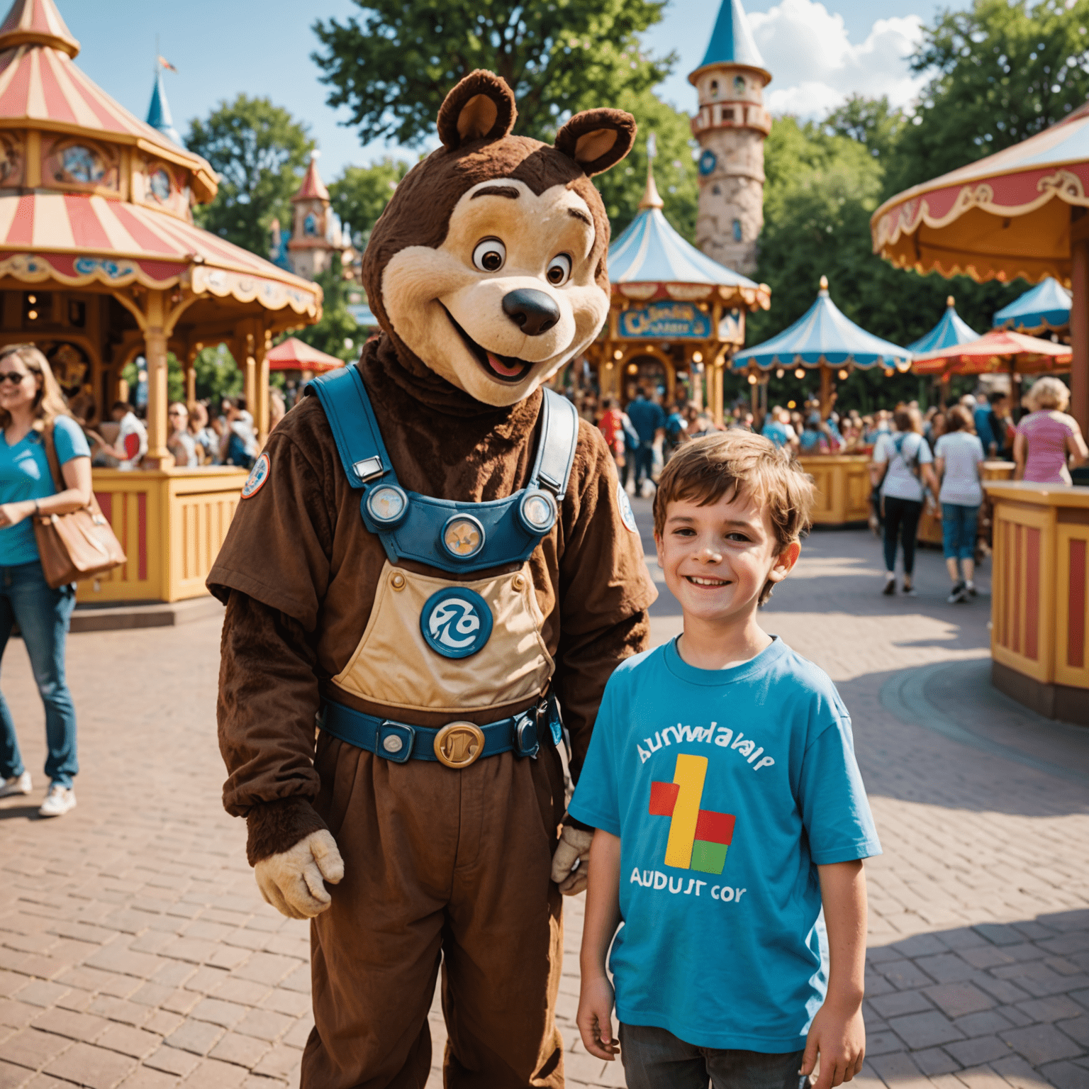 A child with autism peacefully interacting with a costumed character in a quiet area of the theme park