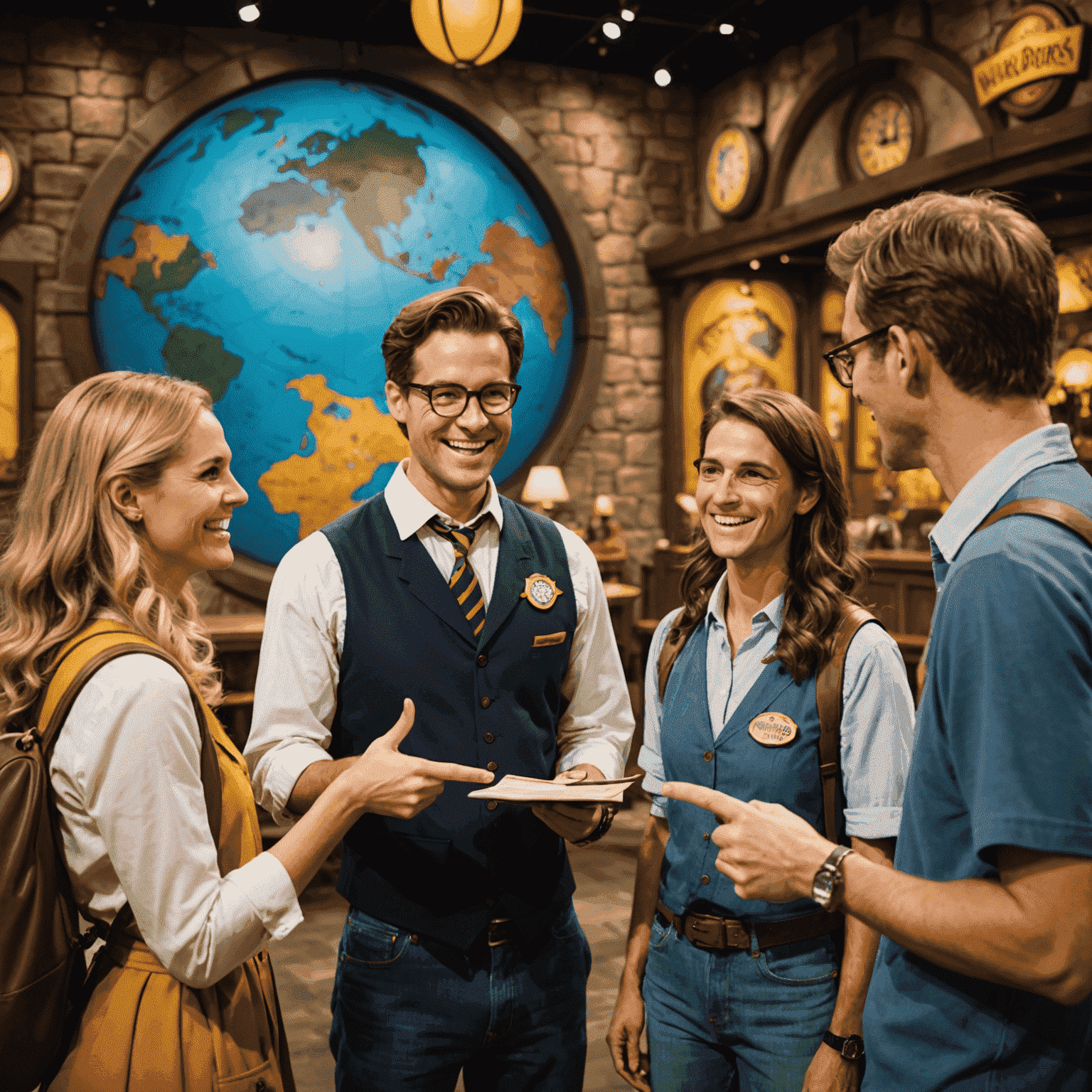 A smiling tour guide leading a small group through a themed area of Warner Bros. World, pointing out interesting details