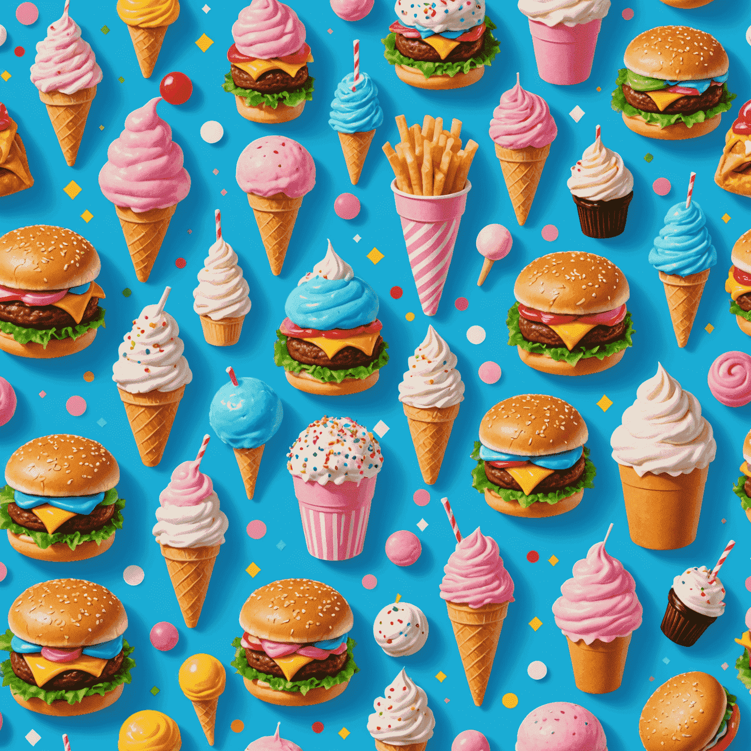 Collage of theme park food options including colorful cotton candy, themed burgers, and character-shaped ice cream