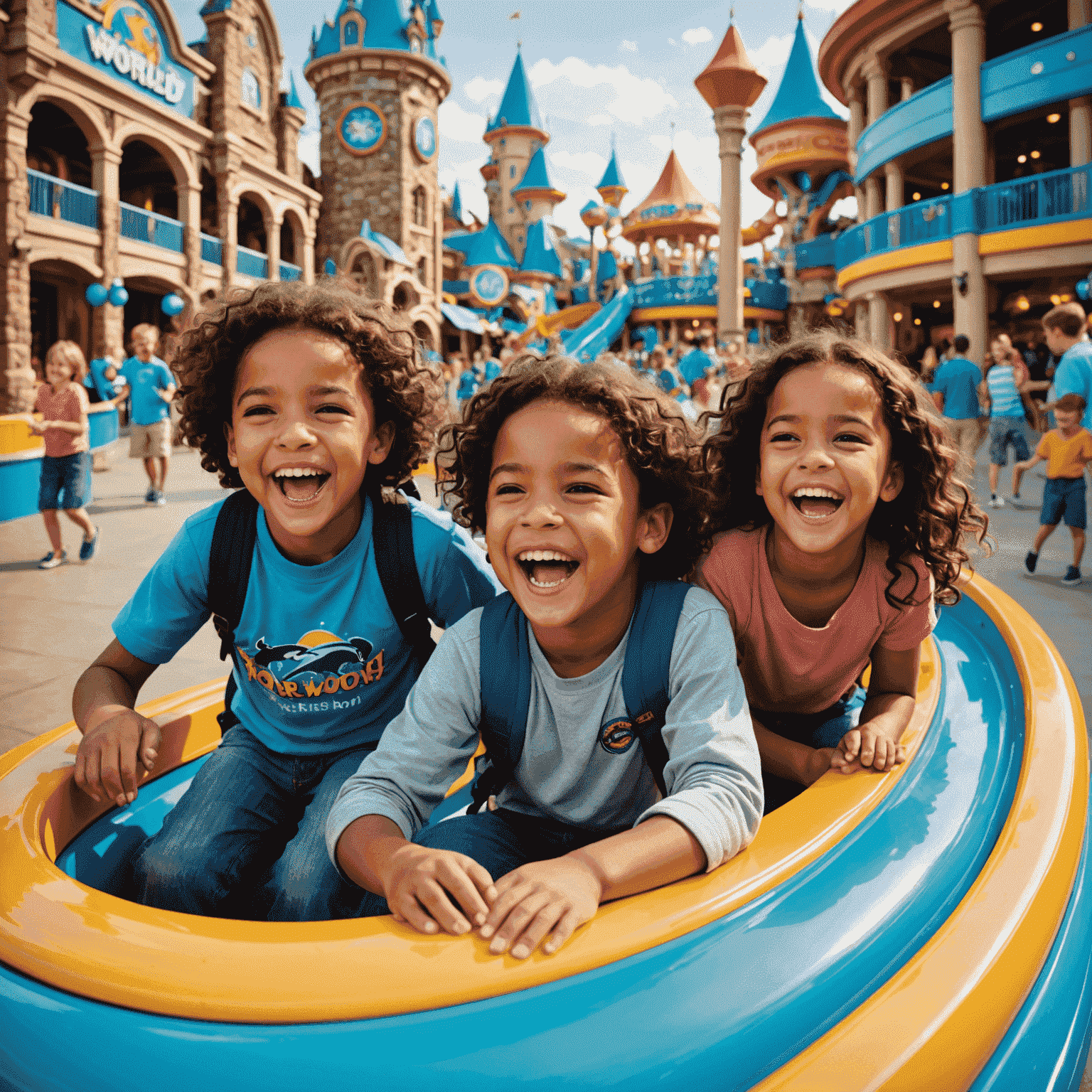 Children laughing and playing at various themed attractions in Warner Bros. World and SeaWorld