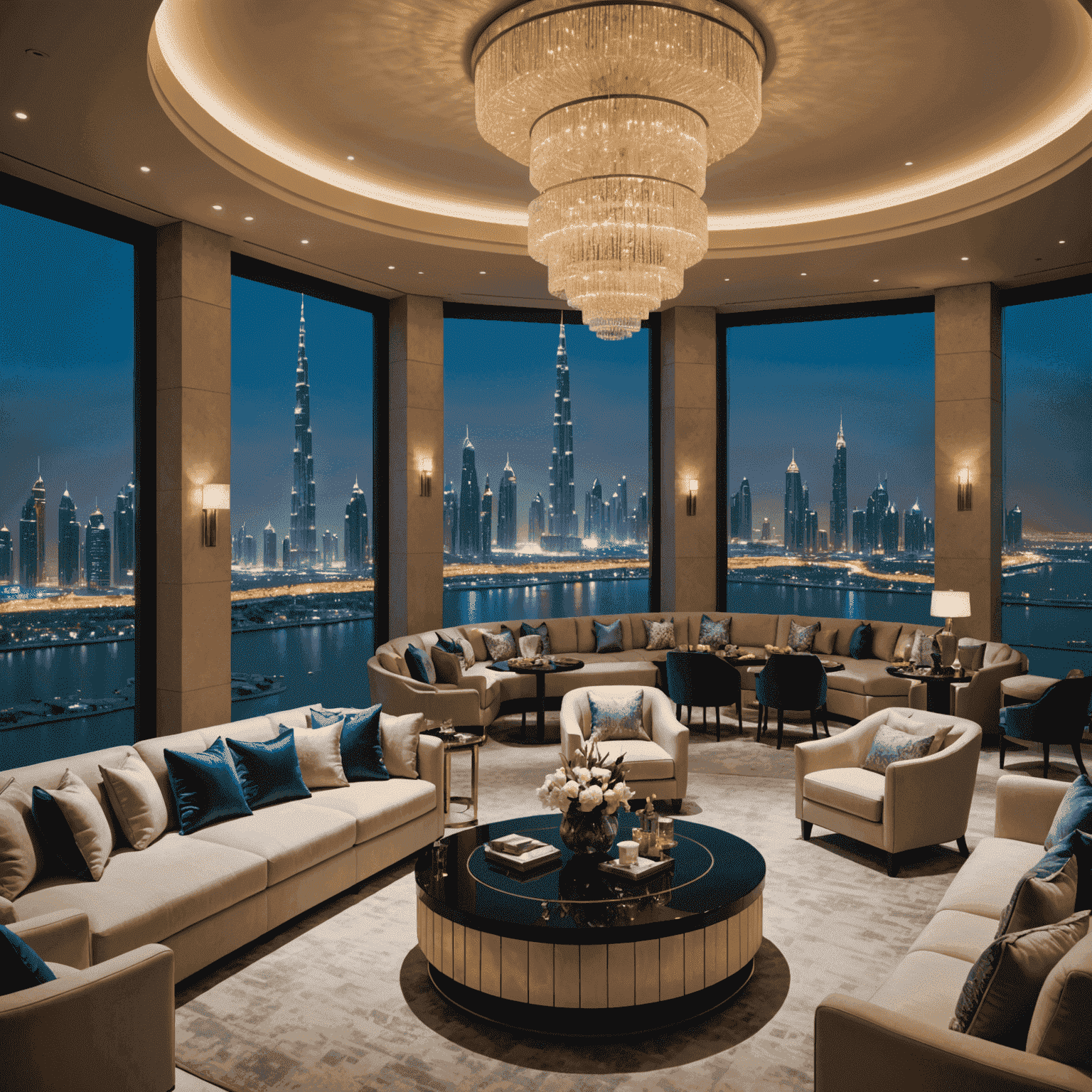 A luxurious lounge area with plush seating, ambient lighting, and a view of the Dubai skyline, with families relaxing and enjoying refreshments