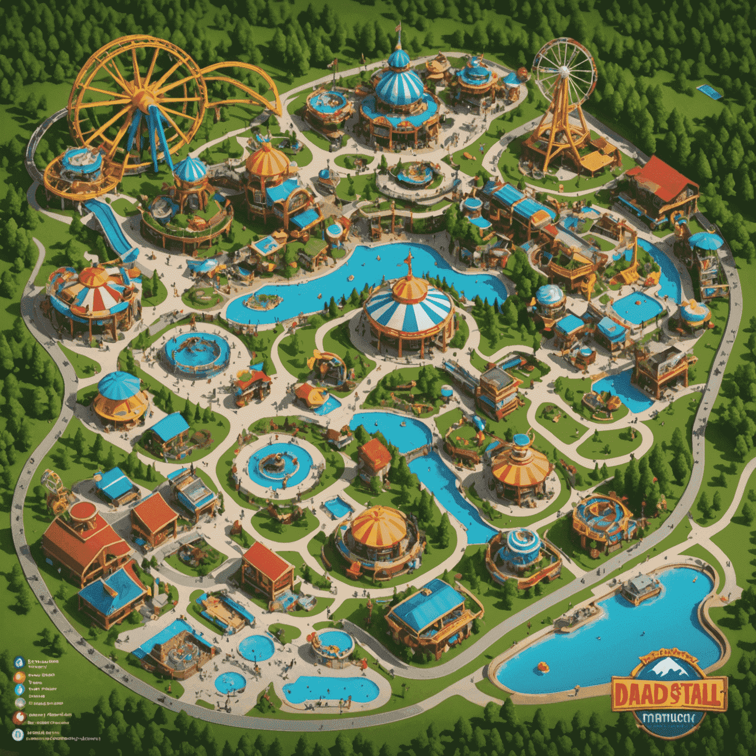 Theme park map highlighting accessible routes, wheelchair-friendly rides, and special assistance points