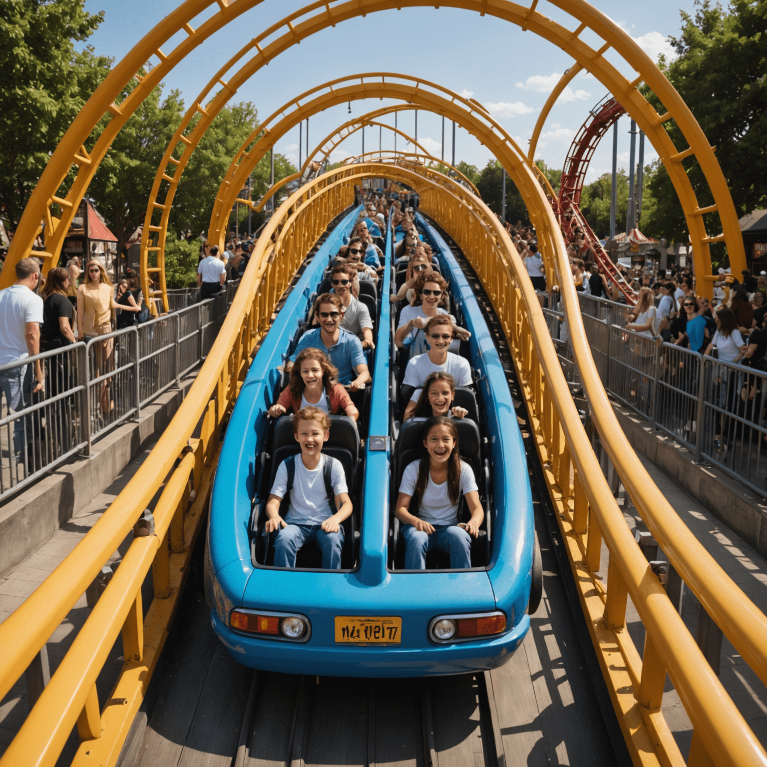 Excited visitors entering a thrilling roller coaster ride through a special VIP entrance, bypassing the regular queue