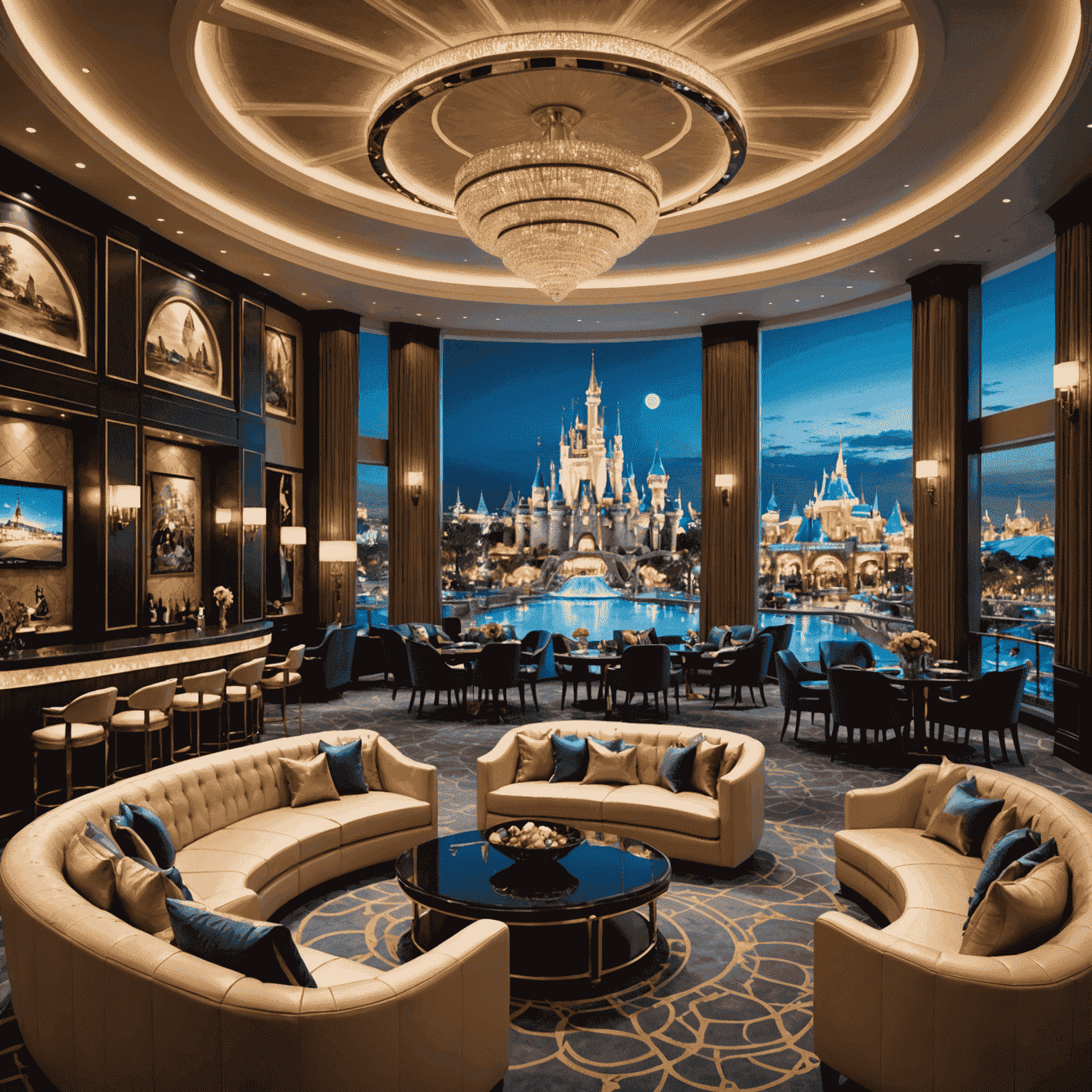 Luxurious VIP lounge with panoramic theme park views, personalized service, and exclusive ride access