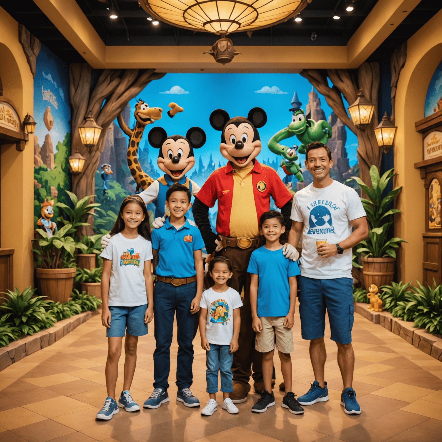 A family posing for a photo with popular cartoon characters in a private meet and greet area of IMG Worlds of Adventure
