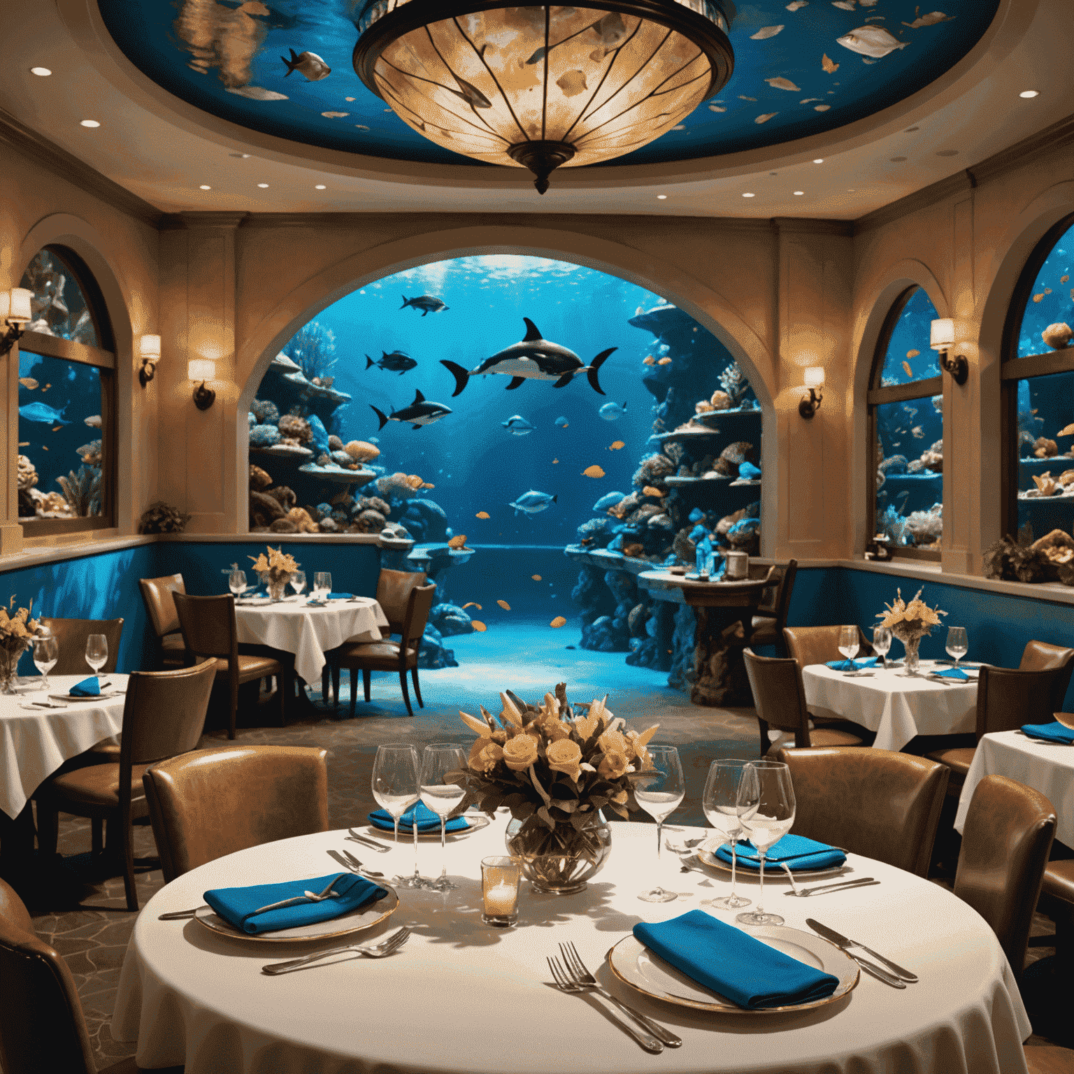 An elegantly set table in a themed restaurant within SeaWorld, with a view of an aquarium and gourmet dishes being served