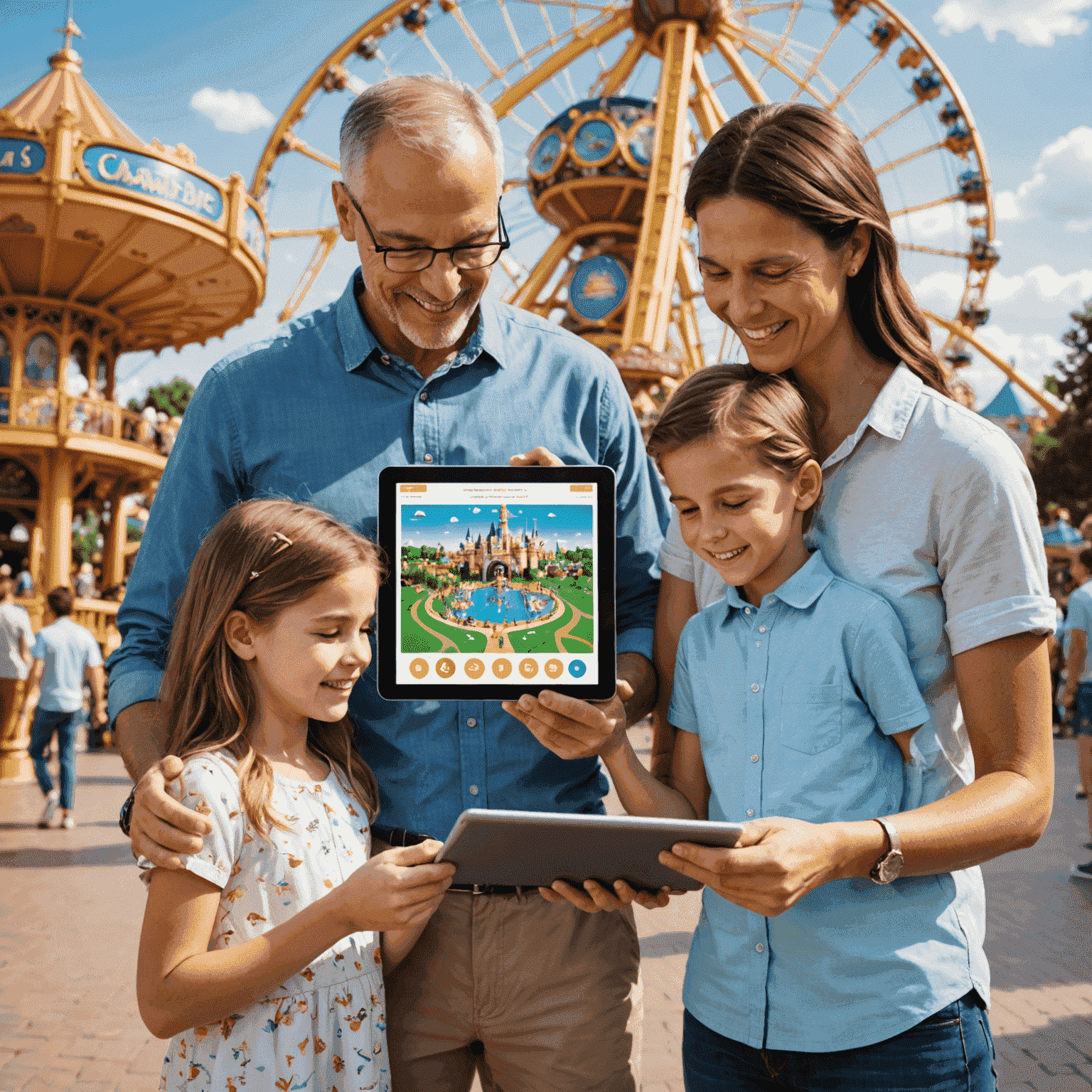 A family reviewing a personalized digital itinerary on a tablet, with icons of various theme park attractions in the background